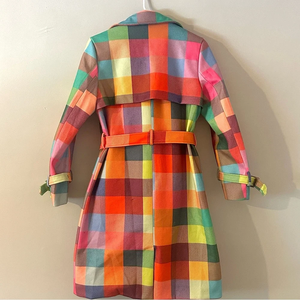 Colorful Plaid Trench Coat Belted Statement Jacket Women’s Small - Picture 2 of 5